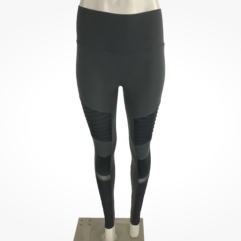 Alo Sz M Mesh Panel Leggings Gray Full Length Yoga Workout Running Gym Pants